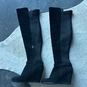 Black Knee-High Wedge Boots